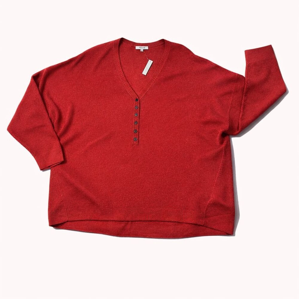 Madewell Plus Asherton Waffle Henley Sweater Womens 3X Red Wool Alpaca Blend NWT